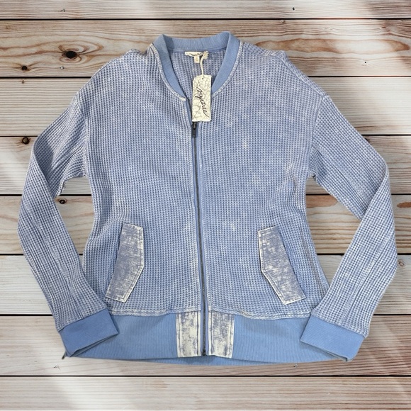 Mystree Tops - Mystree Light Blue Textured Waffle Knit Zip-Up Hoodie Sweatshirt